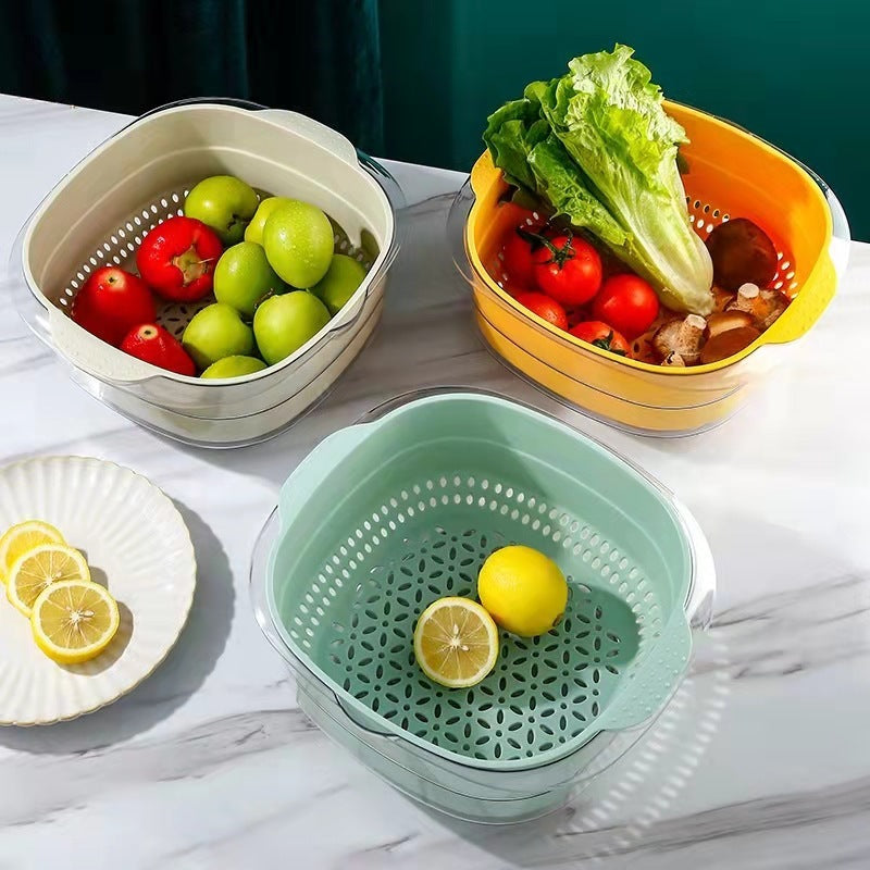 Double-layer Drain Basket PET Fruit Basket Washing Basin Thickened Aroozy